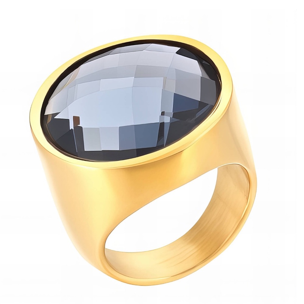 18K Gold Plated Black Faceted Stone Cocktail Ring Waterproof Sizes 7 and 7.5